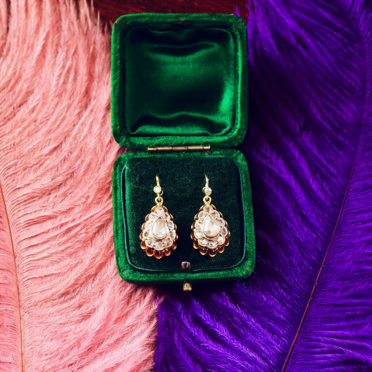 Magical! Vintage Rose-cut Diamond Earrings in Antique Box