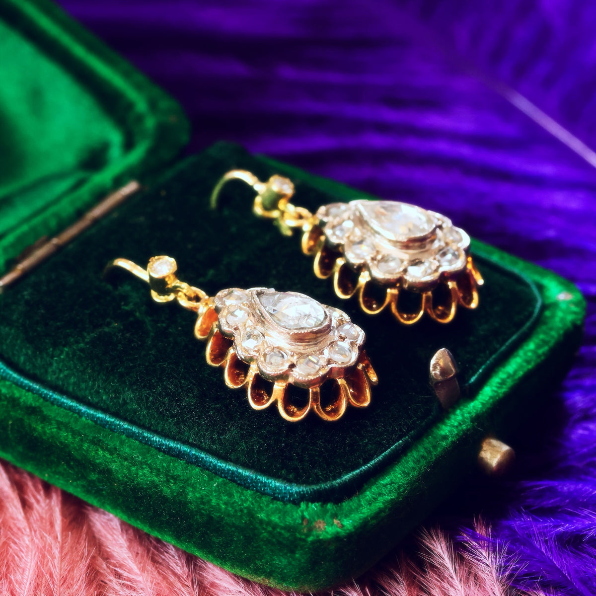 Magical! Vintage Rose-cut Diamond Earrings in Antique Box
