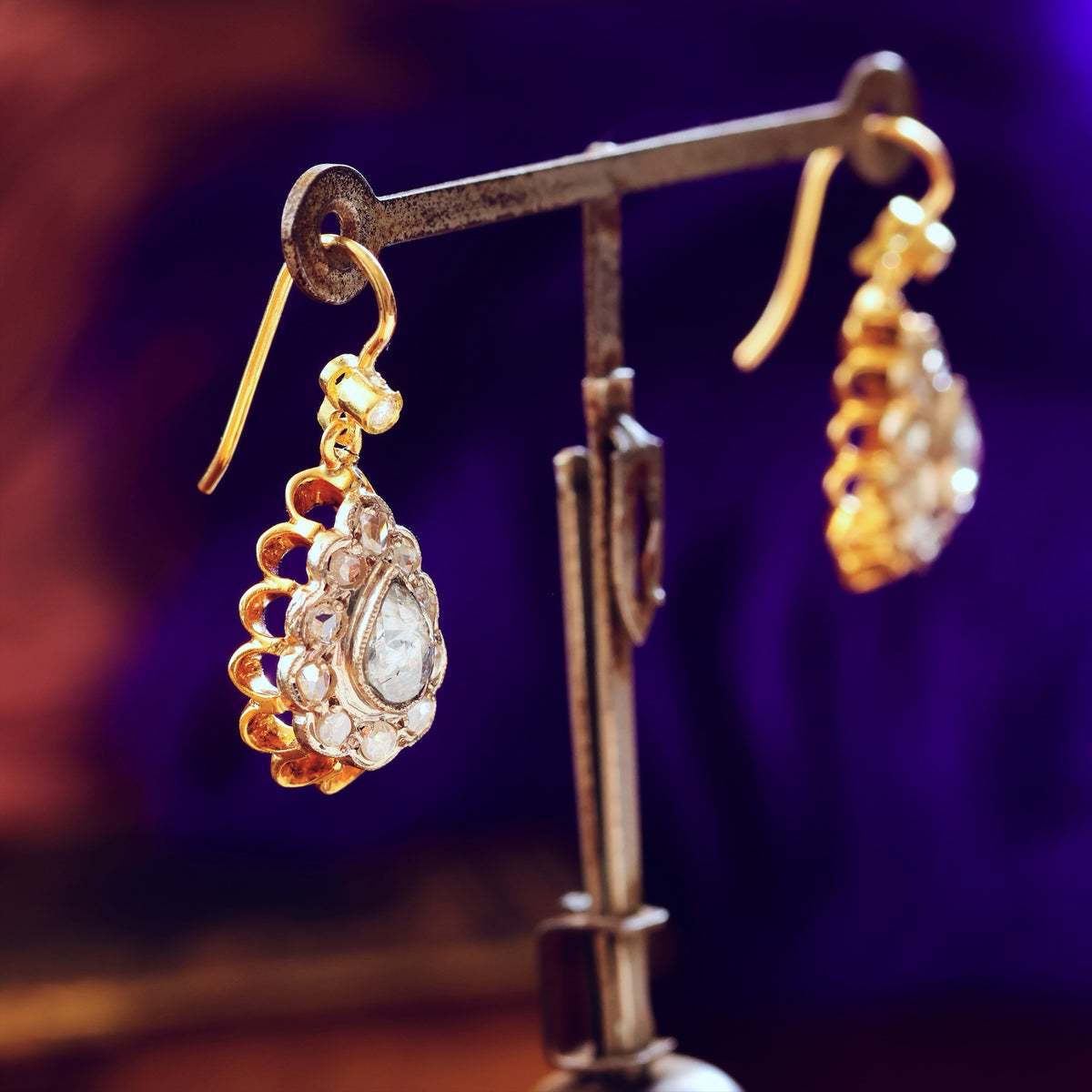 Magical! Vintage Rose-cut Diamond Earrings in Antique Box
