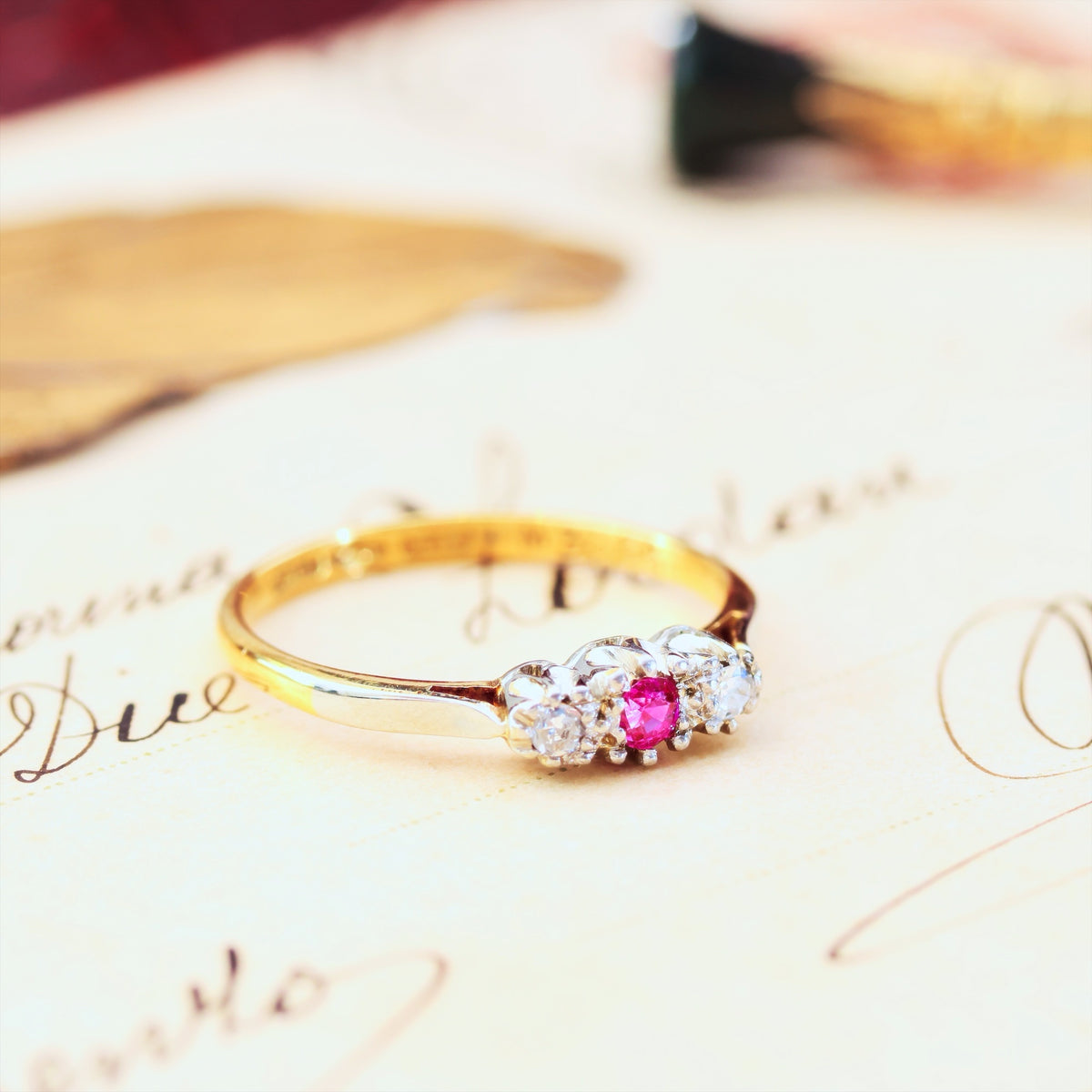 Cutest Vintage Ruby & Diamond Trilogy Engagement Ring