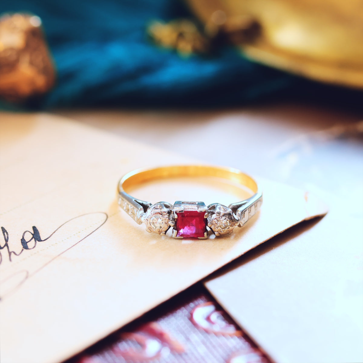 Dainty Vintage Ruby & Diamond Trilogy Engagement Ring