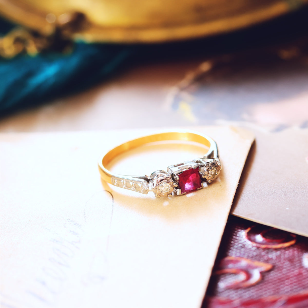 Dainty Vintage Ruby & Diamond Trilogy Engagement Ring