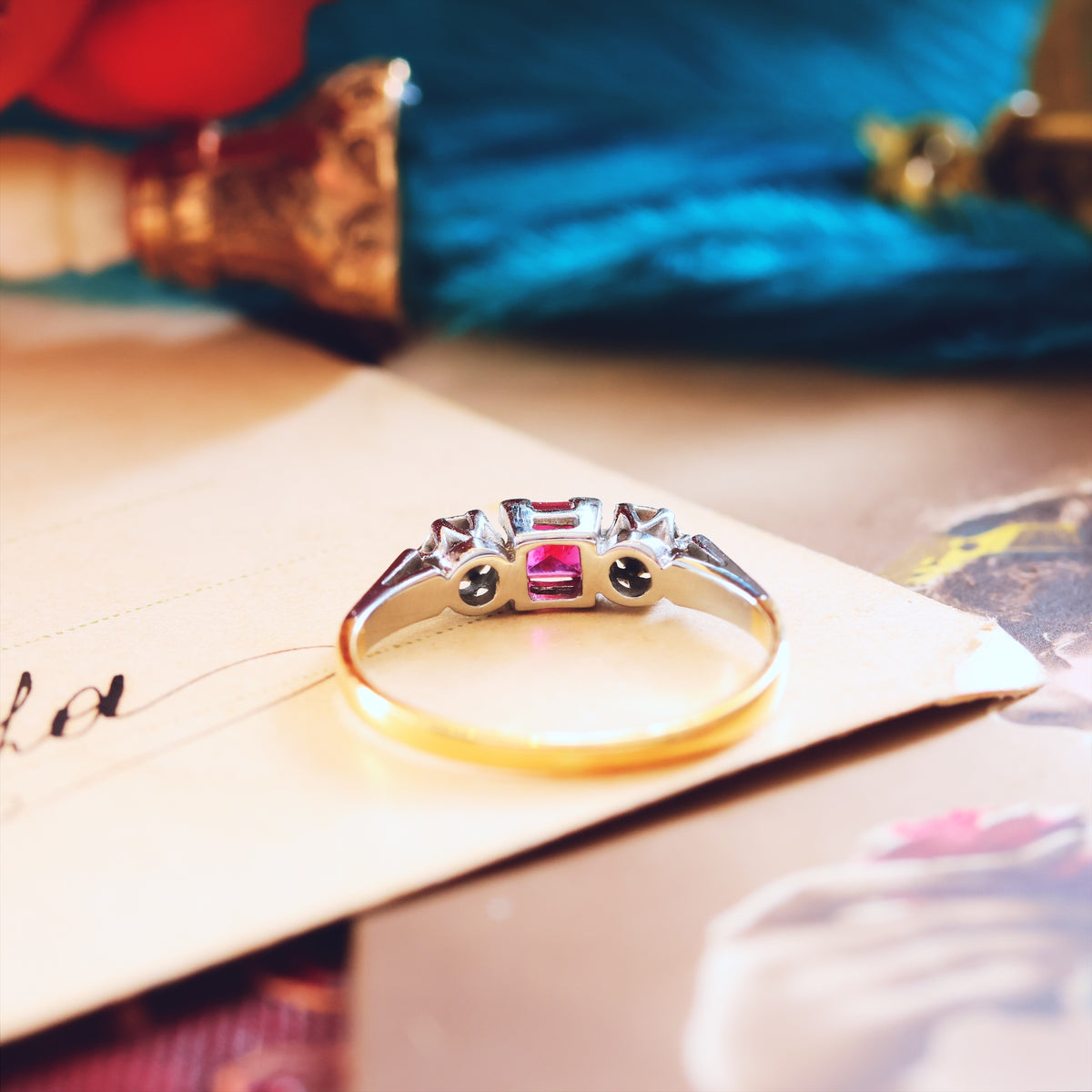 Dainty Vintage Ruby & Diamond Trilogy Engagement Ring