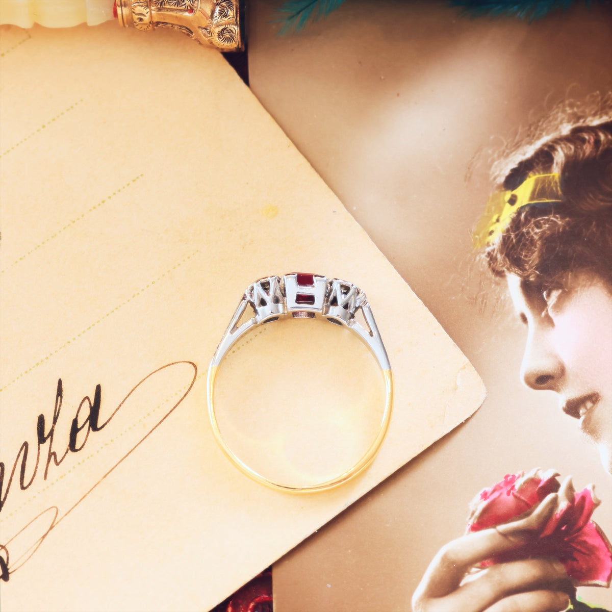 Dainty Vintage Ruby & Diamond Trilogy Engagement Ring