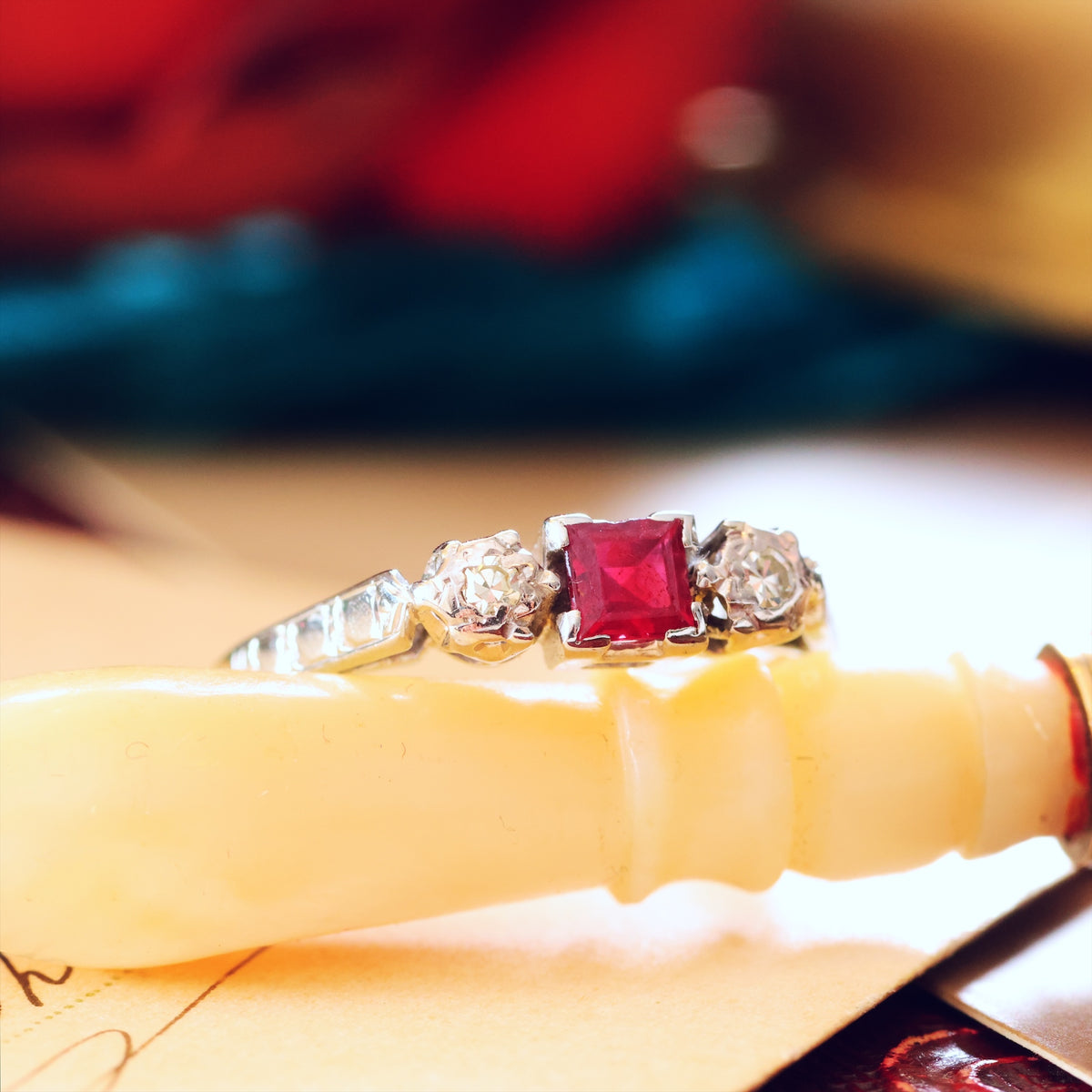Dainty Vintage Ruby & Diamond Trilogy Engagement Ring