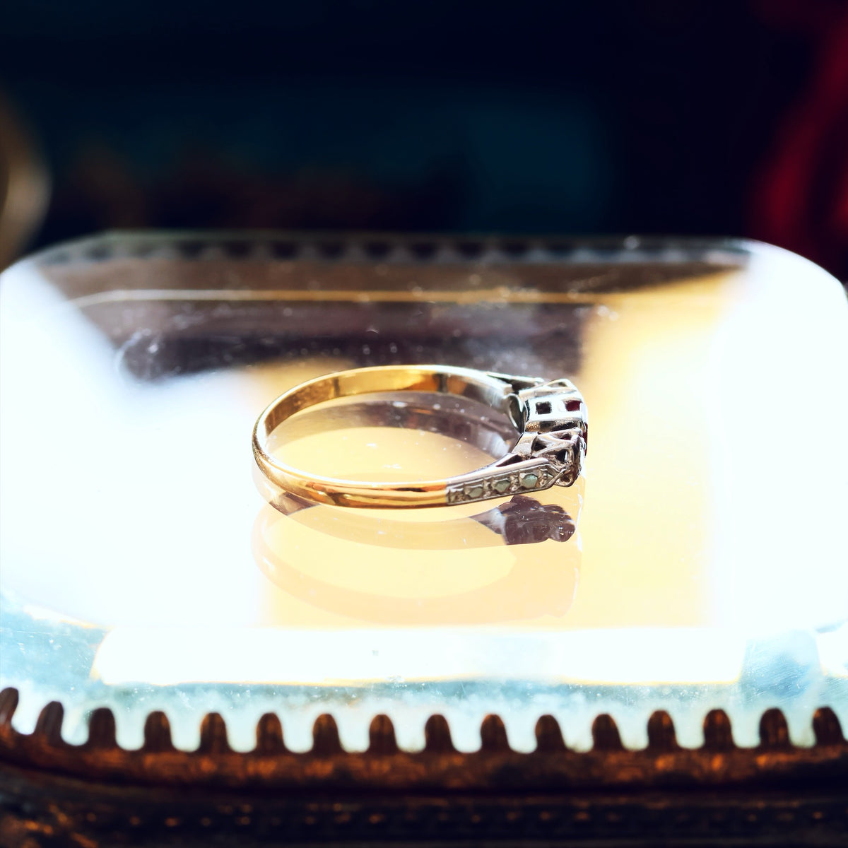 Dainty Vintage Ruby & Diamond Trilogy Engagement Ring