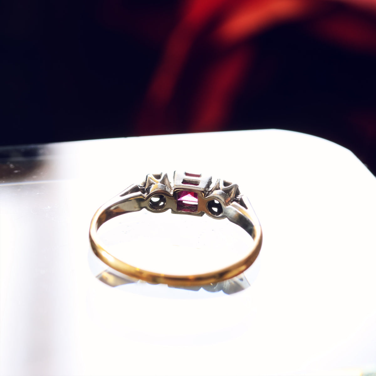 Dainty Vintage Ruby & Diamond Trilogy Engagement Ring