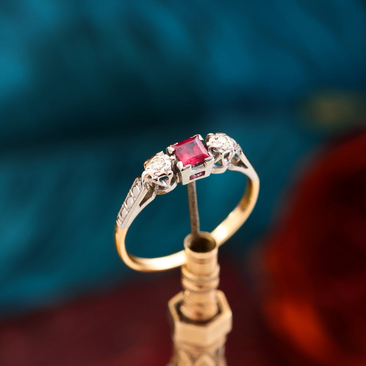 Dainty Vintage Ruby & Diamond Trilogy Engagement Ring