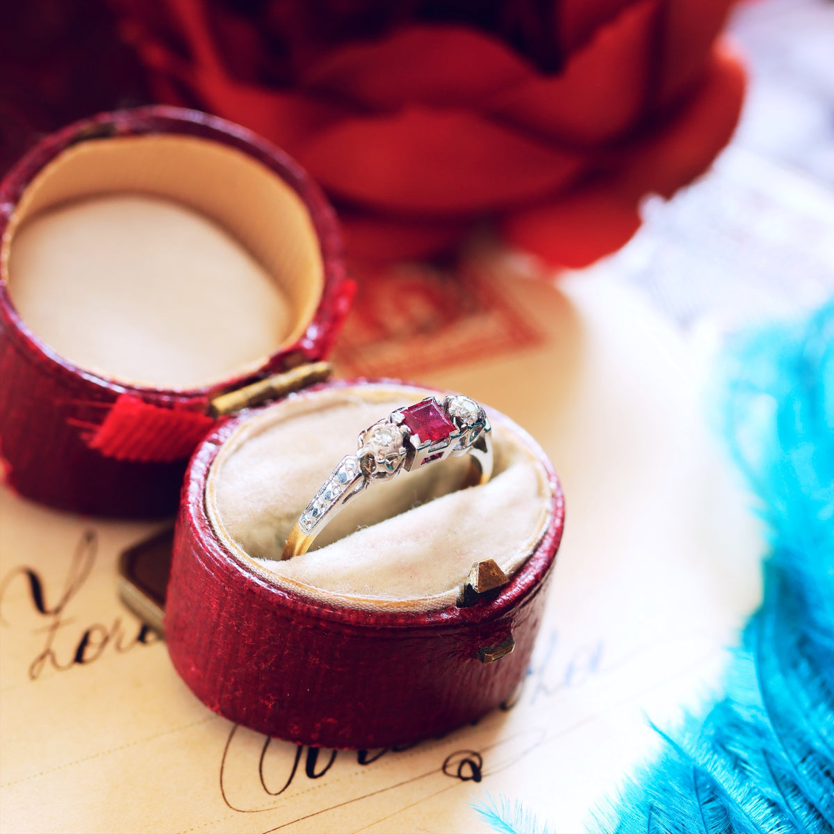 Dainty Vintage Ruby & Diamond Trilogy Engagement Ring