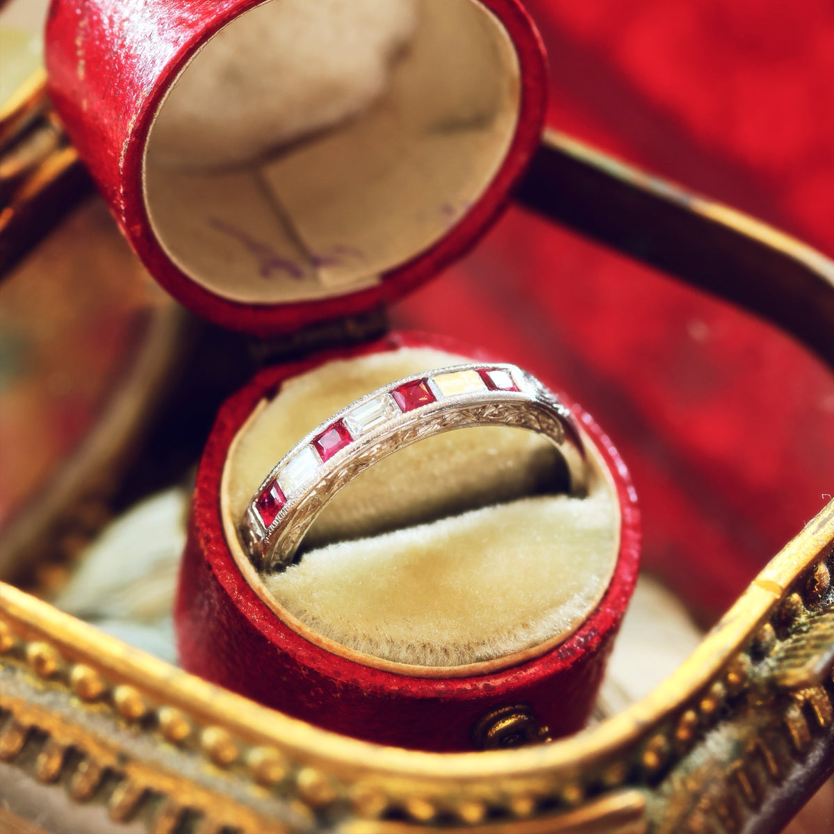 Pristine Ruby and Emerald Cut Diamond Band
