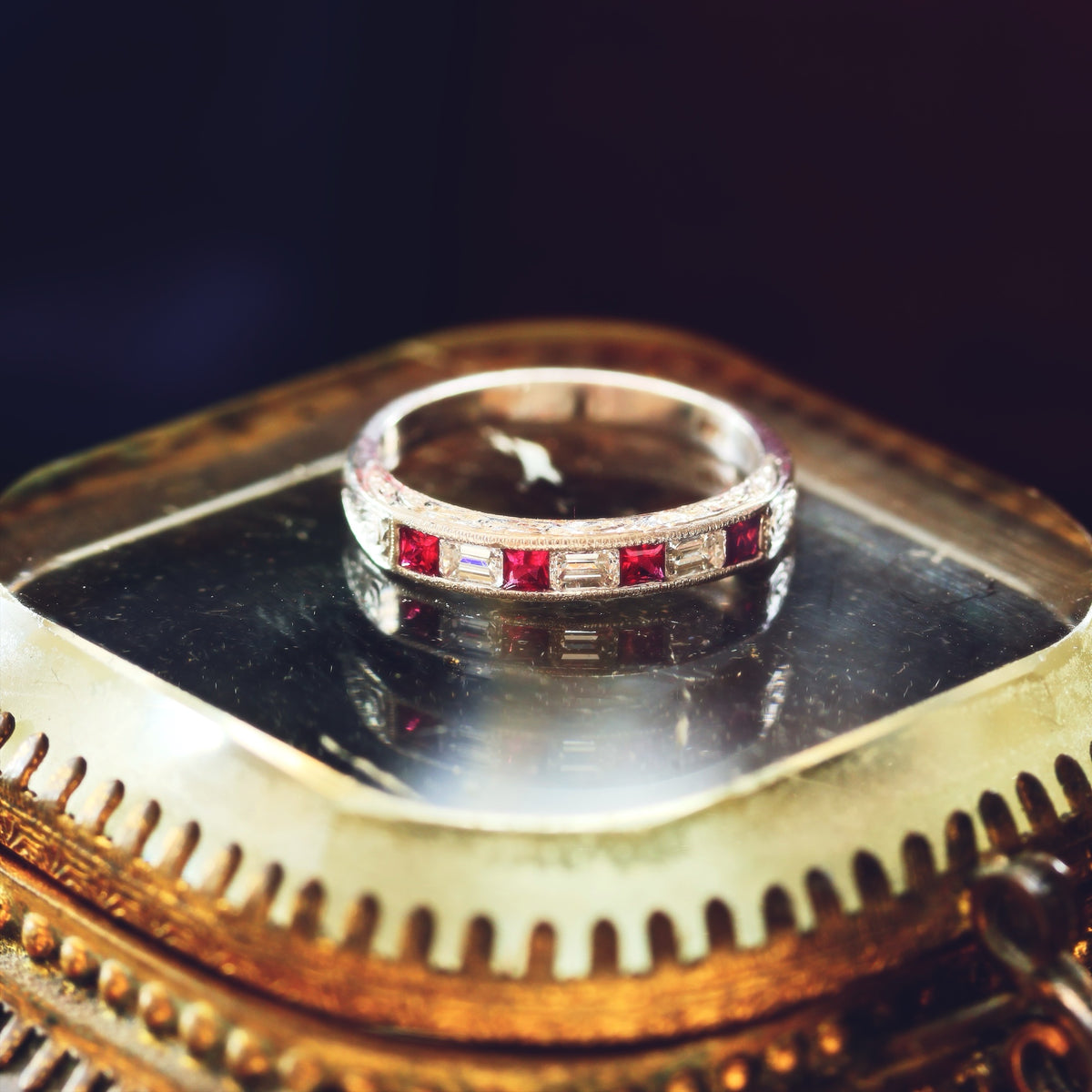Pristine Ruby and Emerald Cut Diamond Band