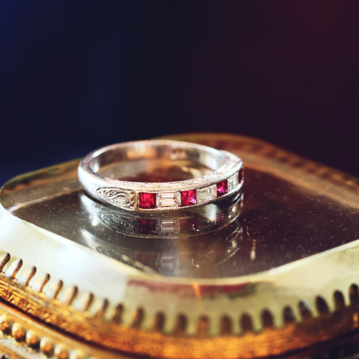 Pristine Ruby and Emerald Cut Diamond Band