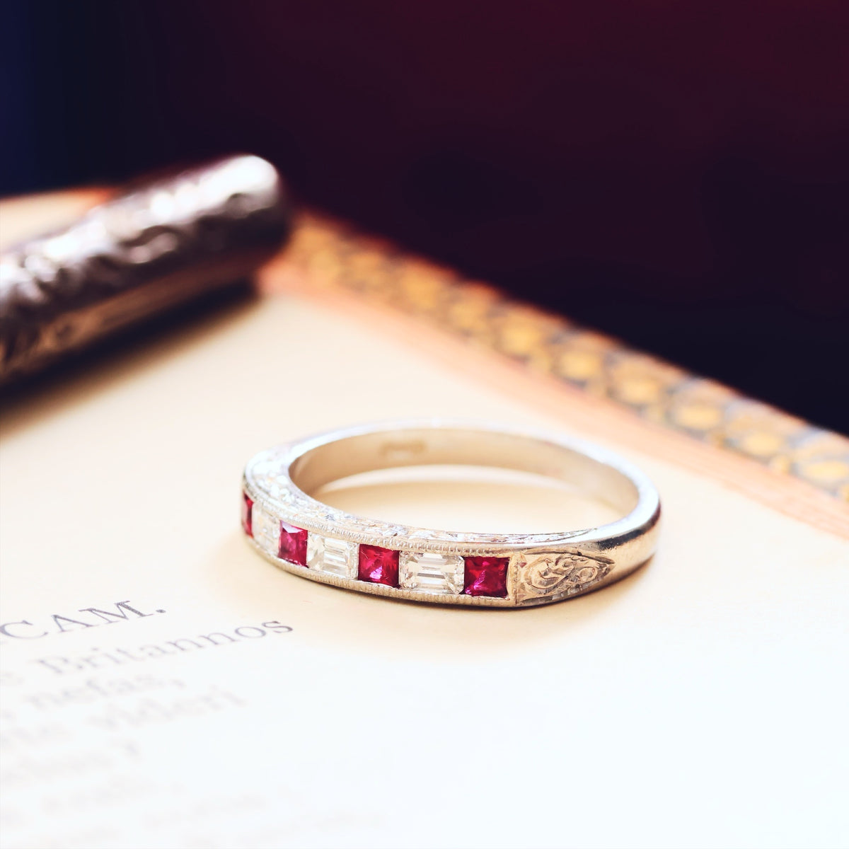 Pristine Ruby and Emerald Cut Diamond Band