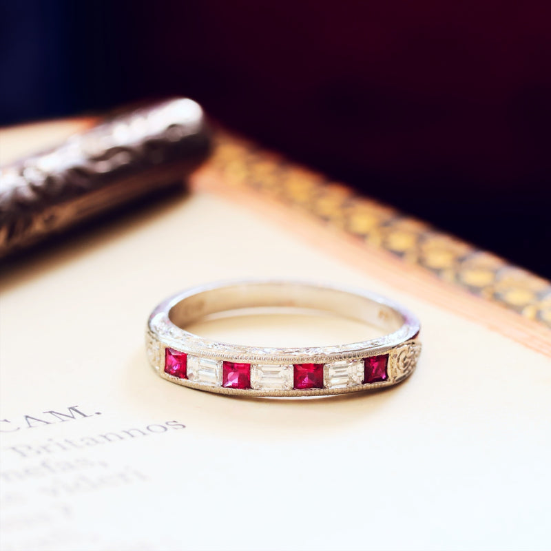 Pristine Ruby and Emerald Cut Diamond Band