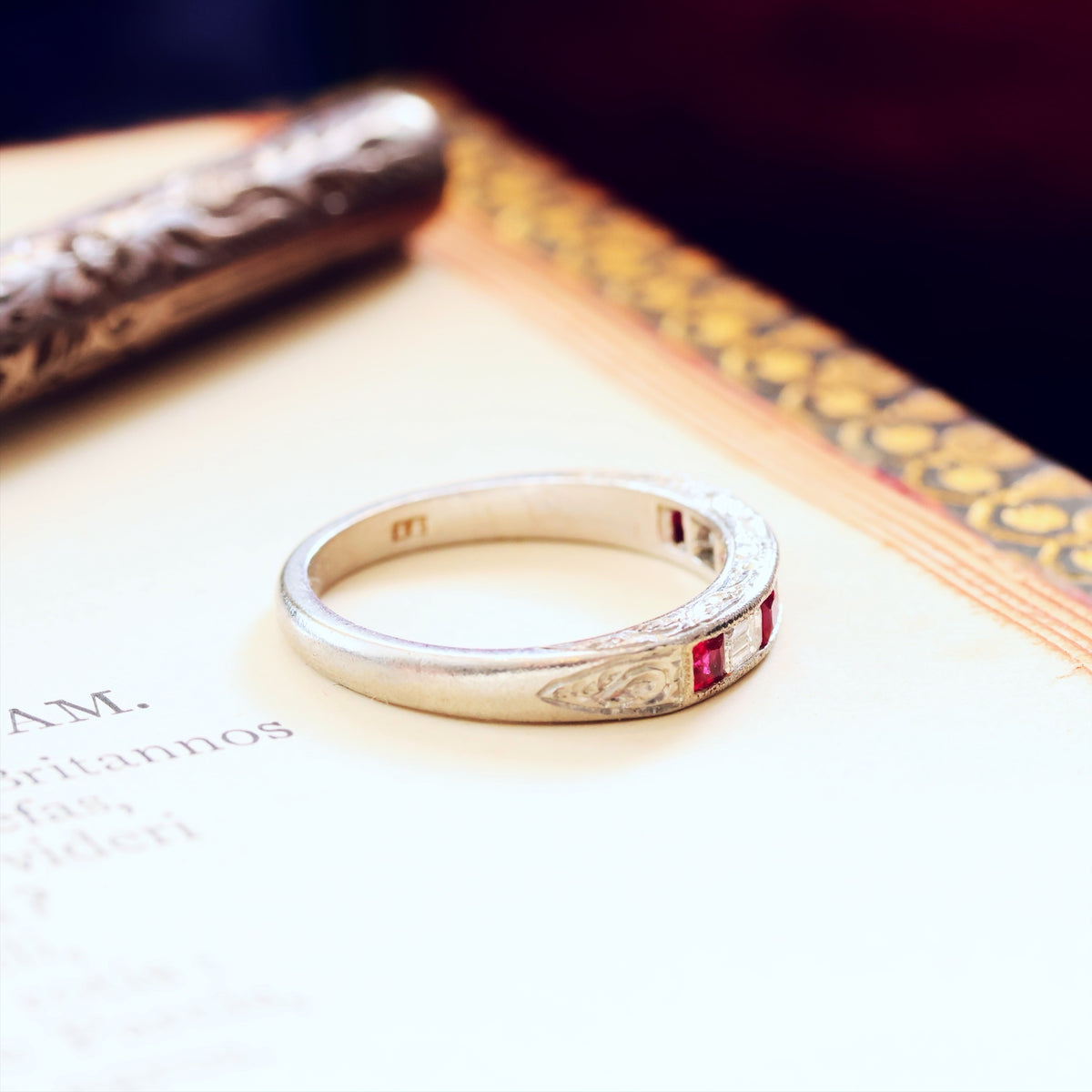 Pristine Ruby and Emerald Cut Diamond Band
