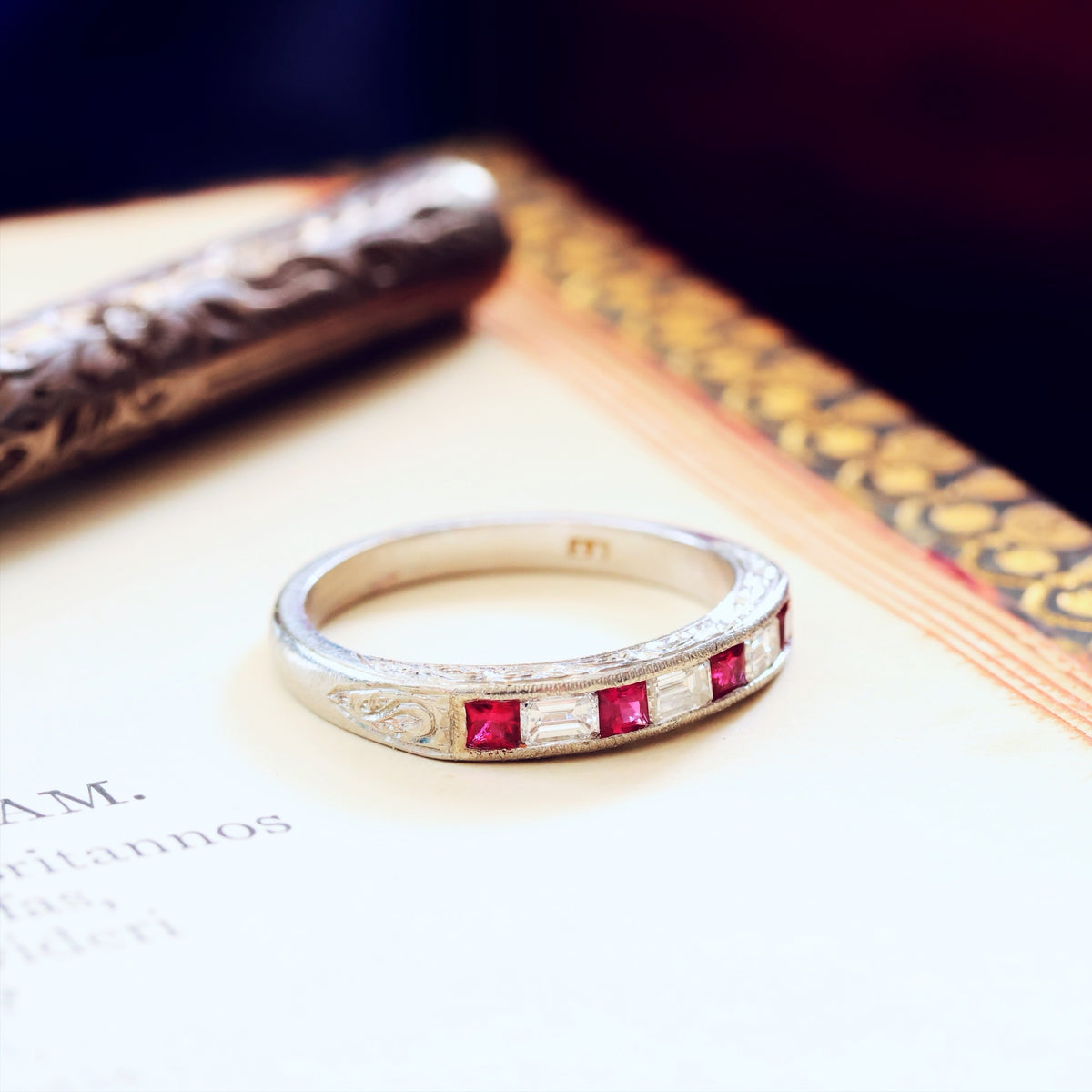 Pristine Ruby and Emerald Cut Diamond Band
