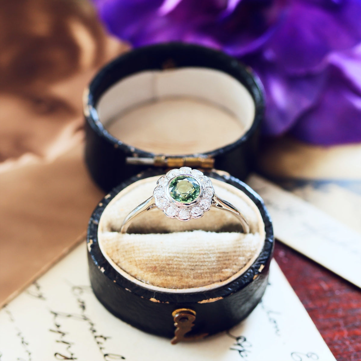 Vintage Green Sapphire & Diamond Engagement Ring