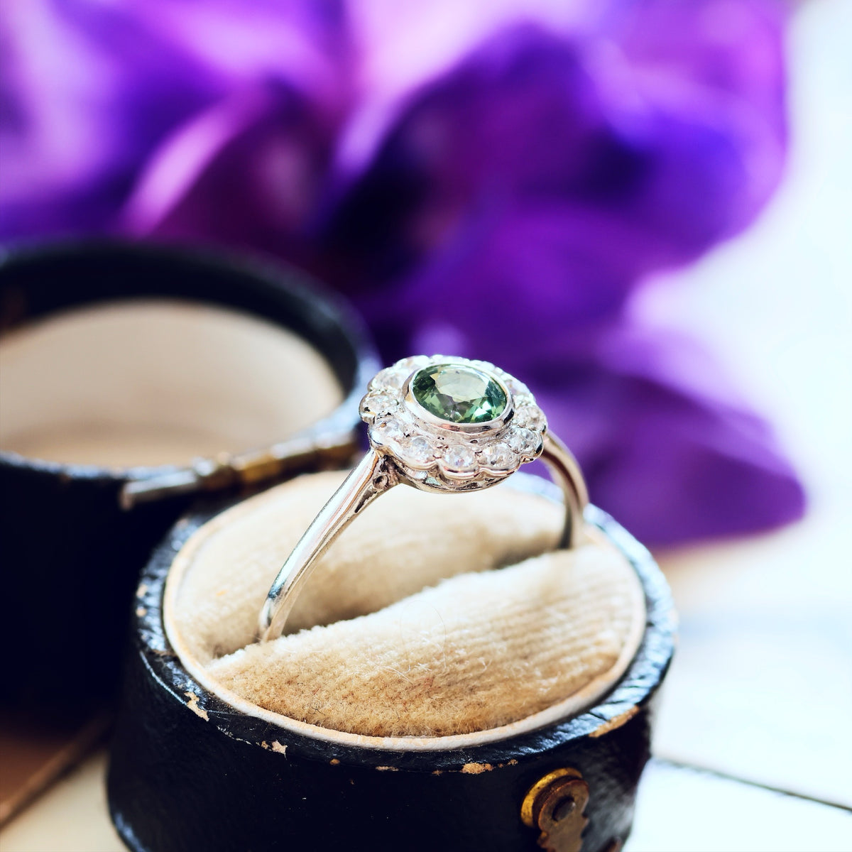 Vintage Green Sapphire & Diamond Engagement Ring