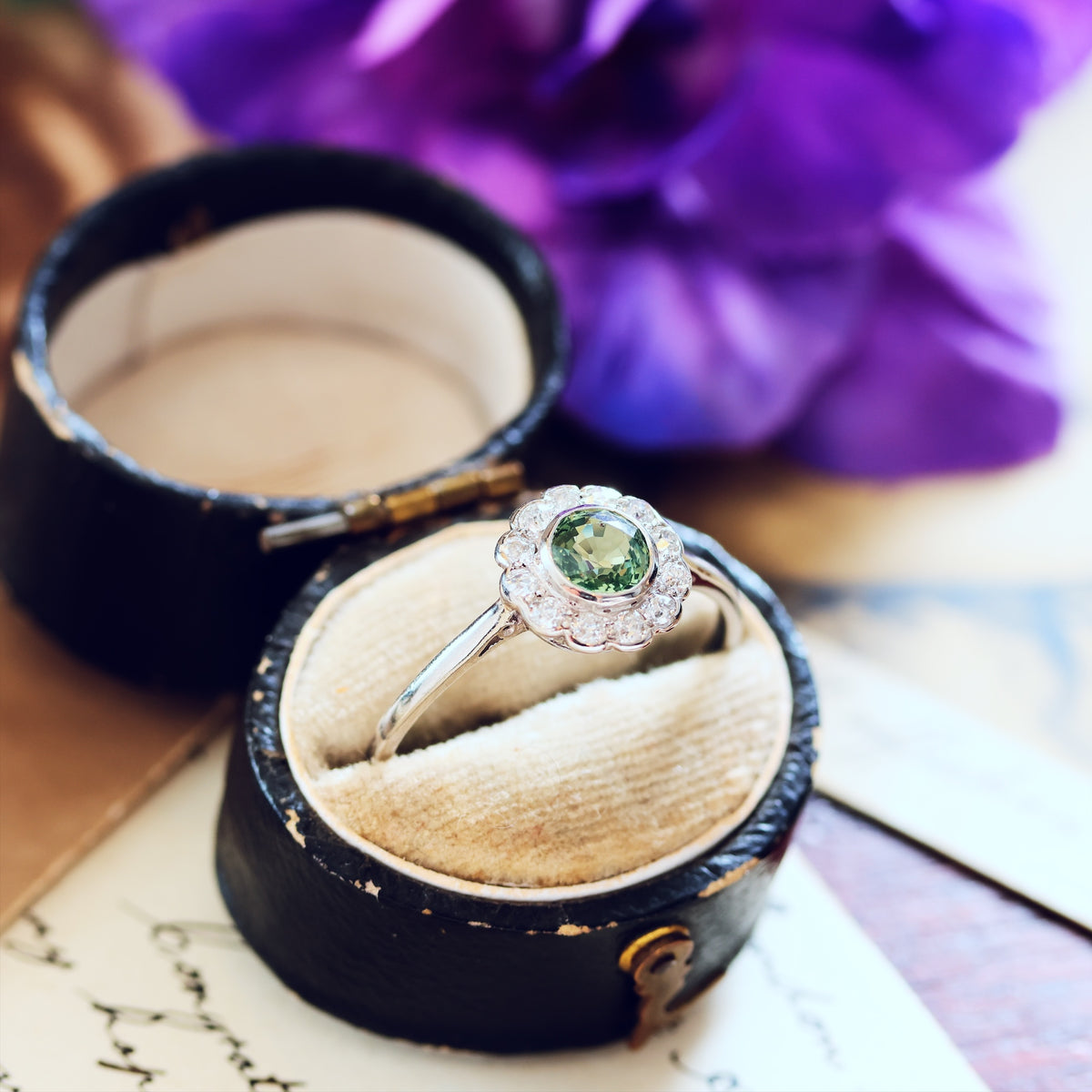 Vintage Green Sapphire & Diamond Engagement Ring