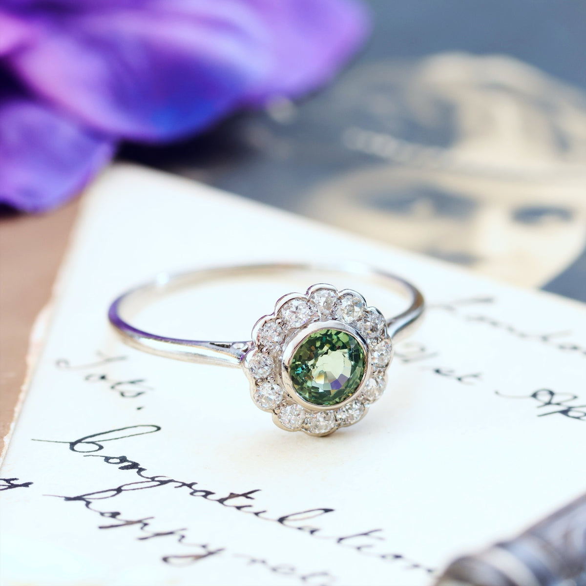 Vintage Sapphire & Diamond Cluster Engagement Ring