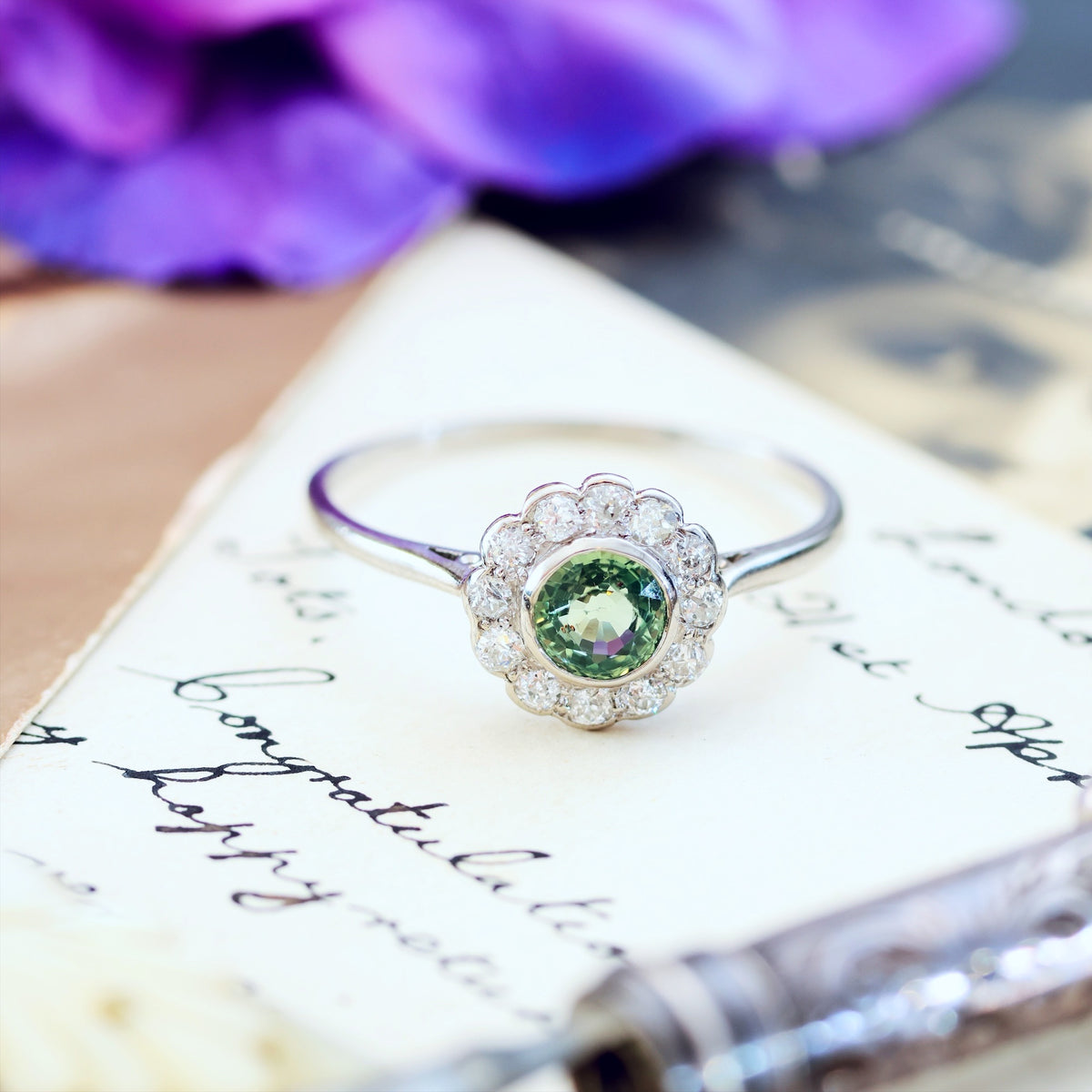 Vintage Green Sapphire & Diamond Engagement Ring