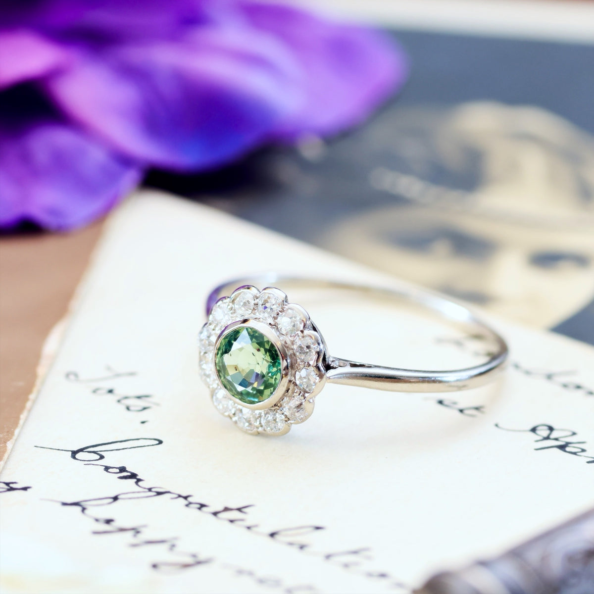 Vintage Green Sapphire & Diamond Engagement Ring