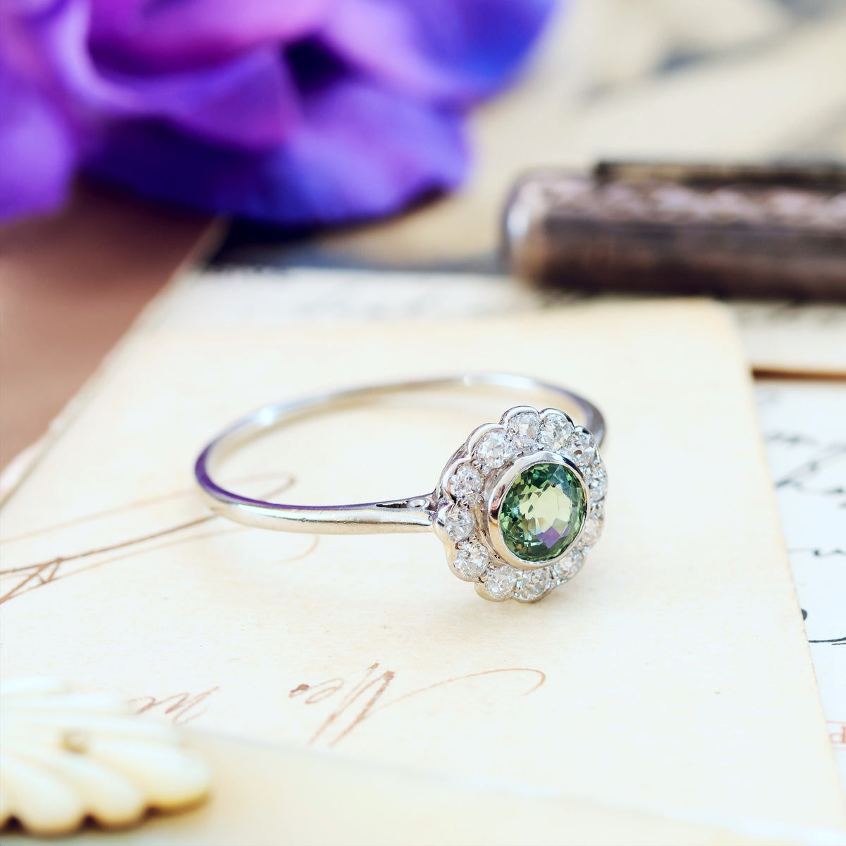 Vintage Green Sapphire & Diamond Engagement Ring