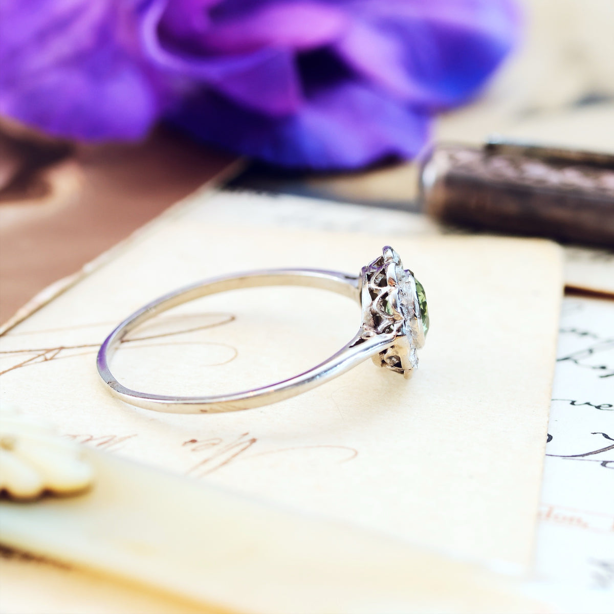 Vintage Green Sapphire & Diamond Engagement Ring