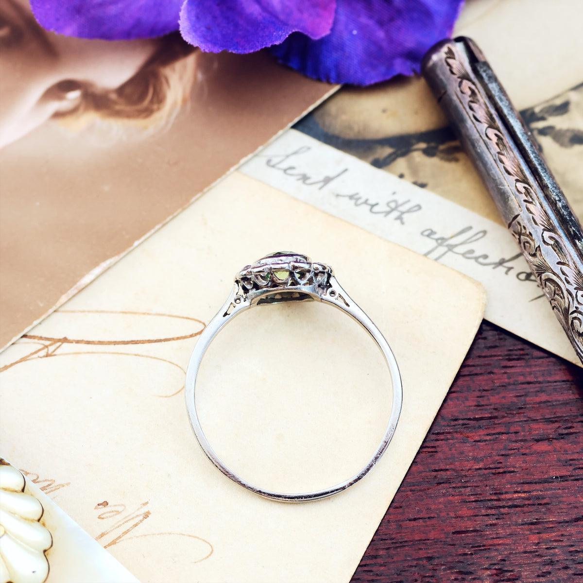 Vintage Green Sapphire & Diamond Engagement Ring