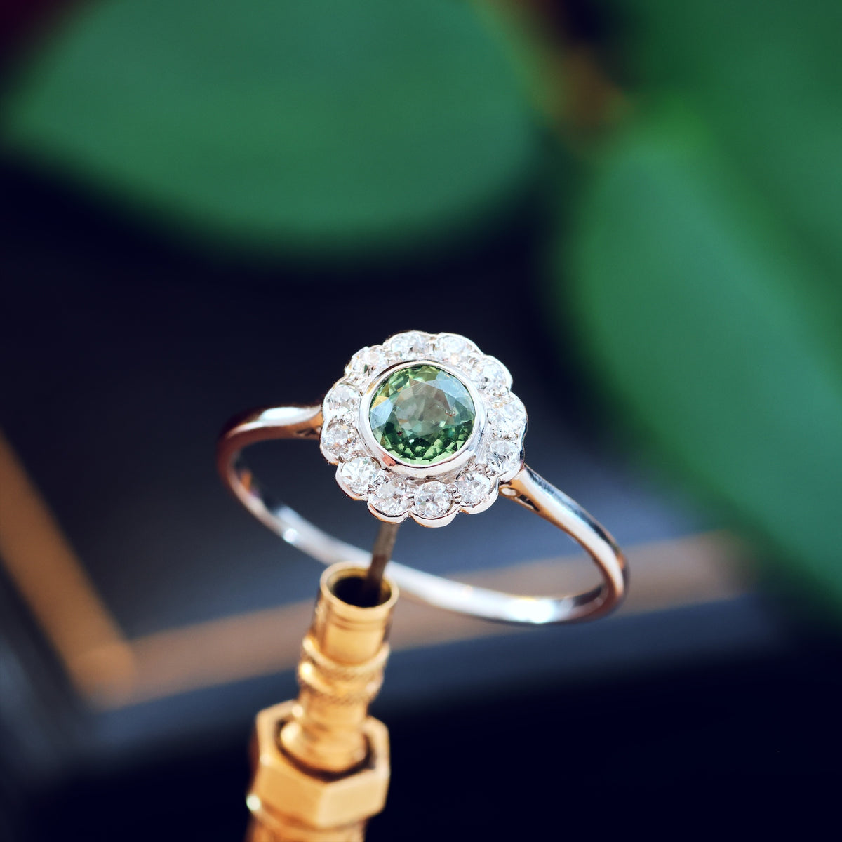 Vintage Green Sapphire & Diamond Engagement Ring