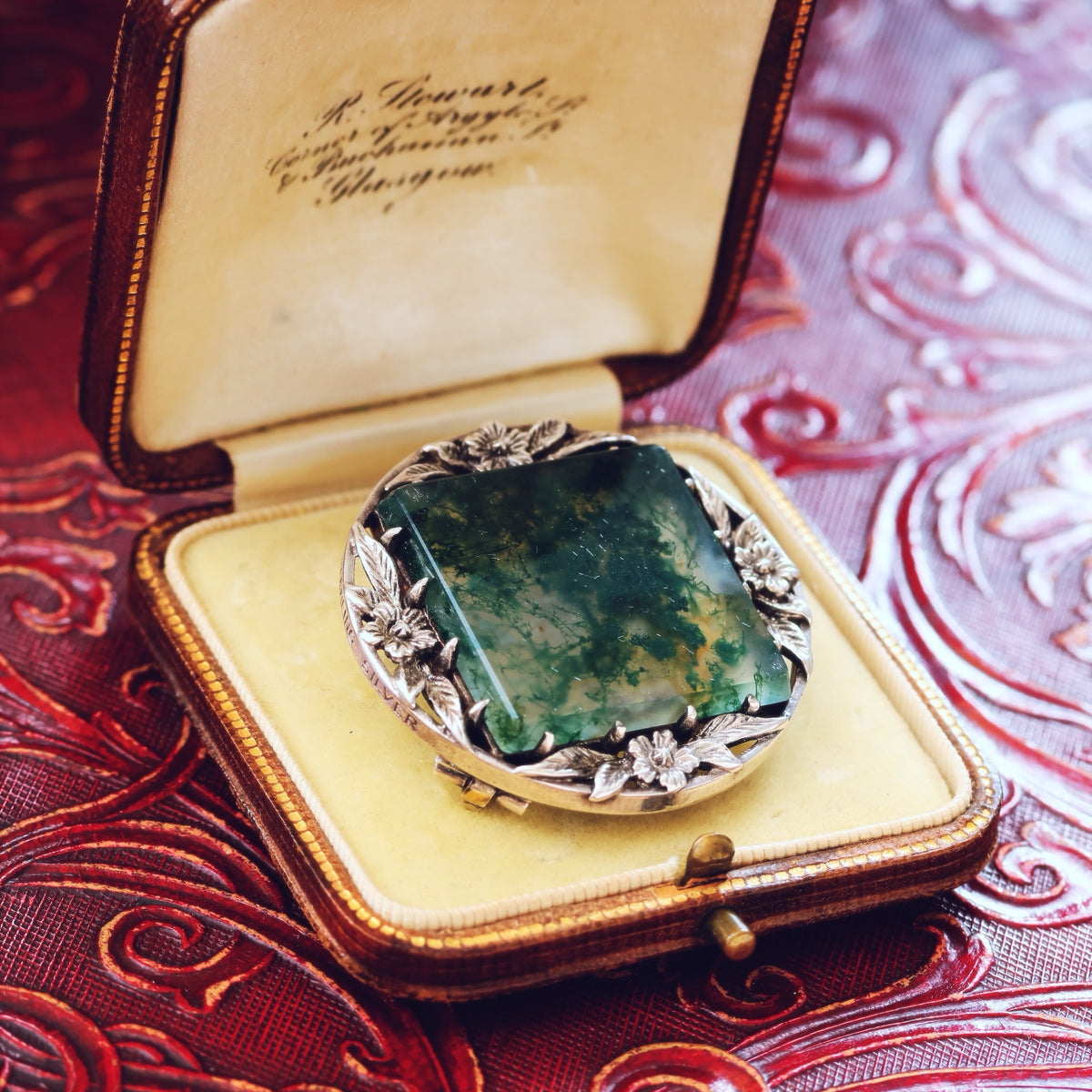 Vintage Silver Bernard Instone Moss Agate Brooch