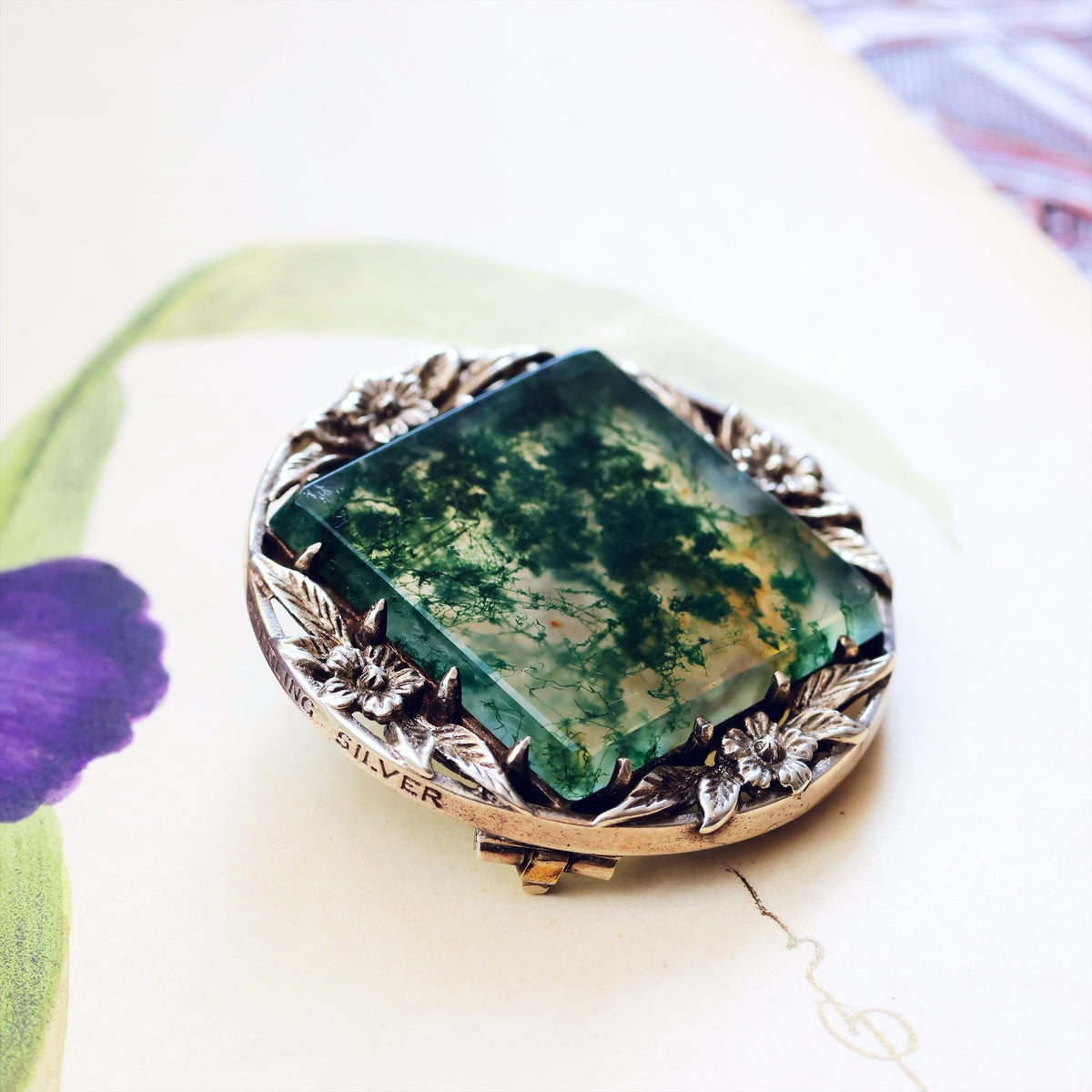 Vintage Silver Bernard Instone Moss Agate Brooch