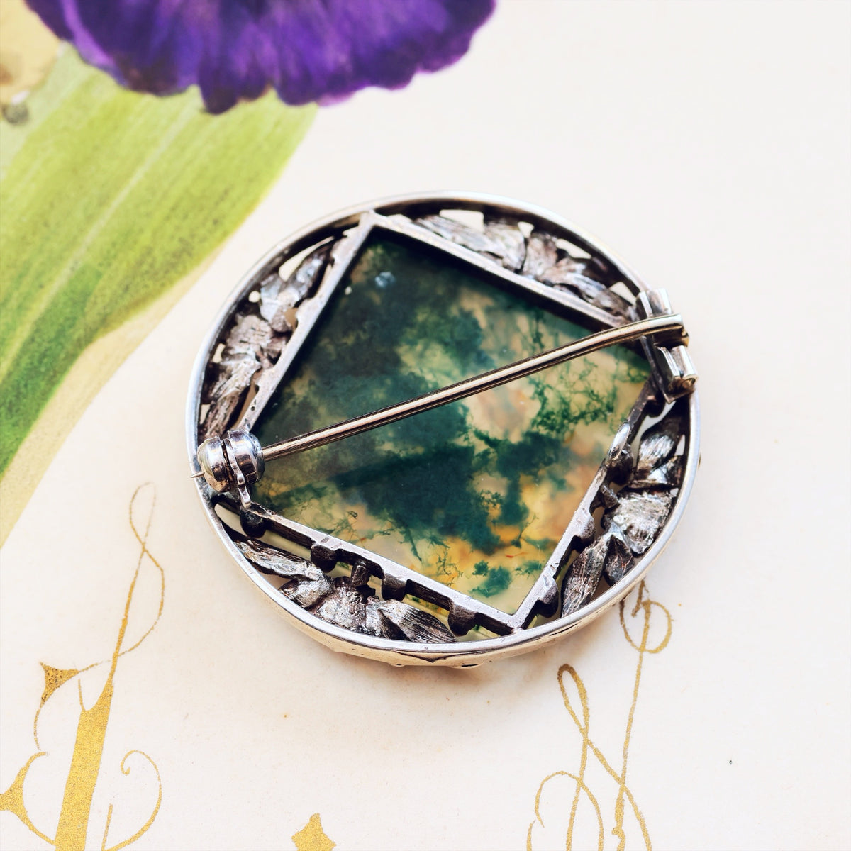 Vintage Silver Bernard Instone Moss Agate Brooch