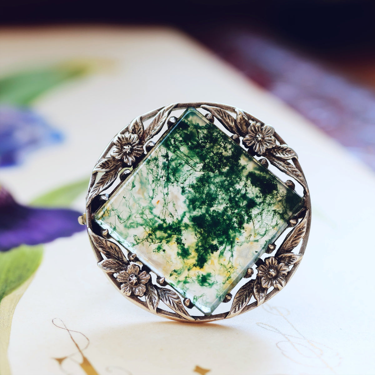Vintage Silver Bernard Instone Moss Agate Brooch