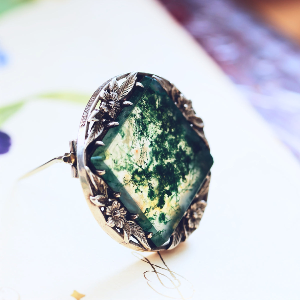 Vintage Silver Bernard Instone Moss Agate Brooch