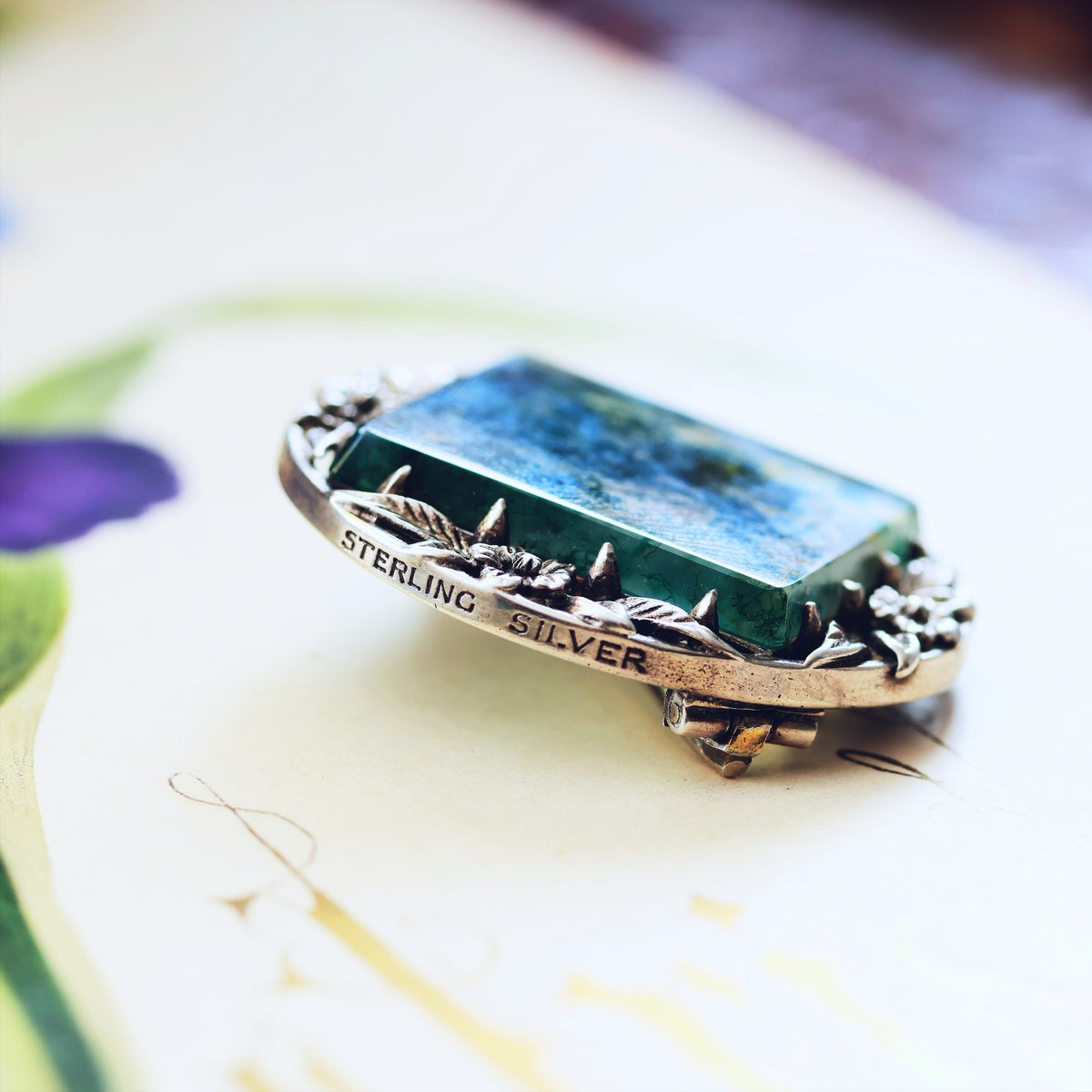 Vintage Silver Bernard Instone Moss Agate Brooch