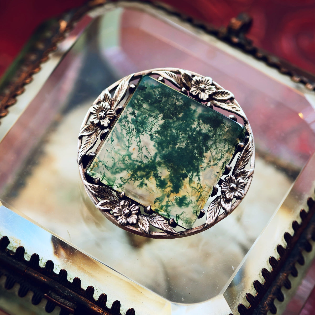 Vintage Silver Bernard Instone Moss Agate Brooch