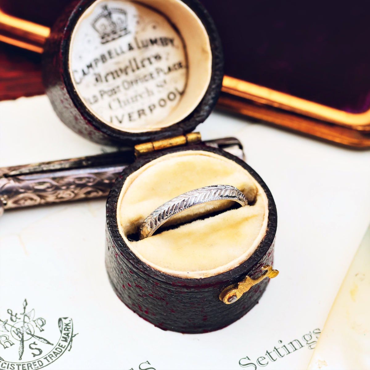 Vintage Size J Hand Engraved Platinum Wedding Band