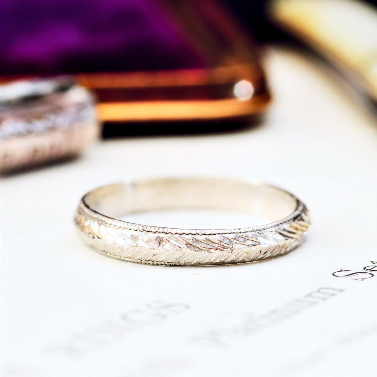 Vintage Size J Hand Engraved Platinum Wedding Band