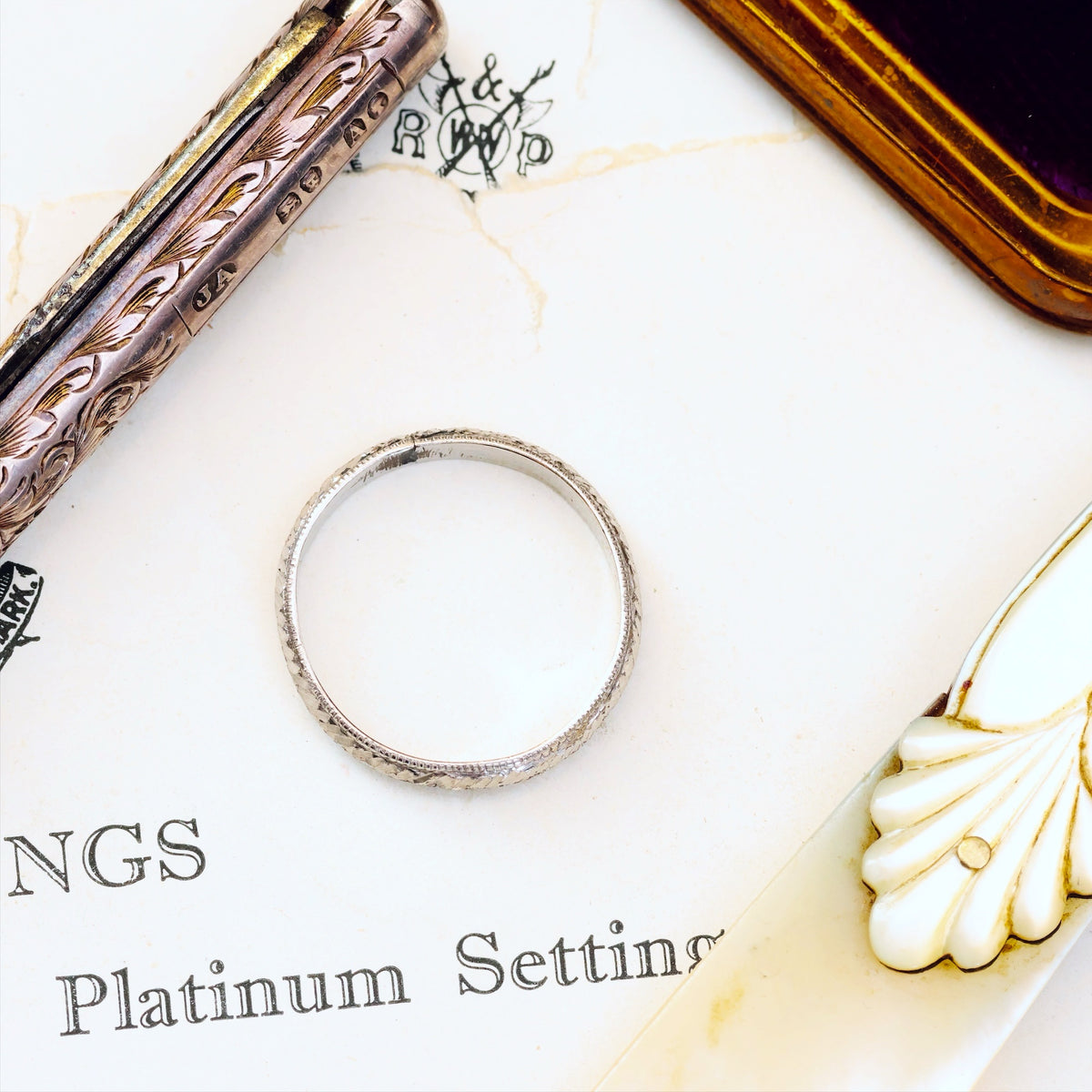 Vintage Size J Hand Engraved Platinum Wedding Band