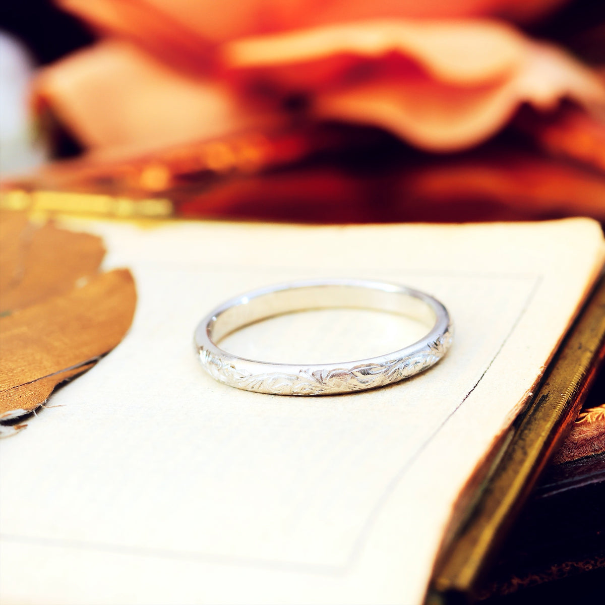 Vintage Size M Hand Engraved Platinum Wedding Band