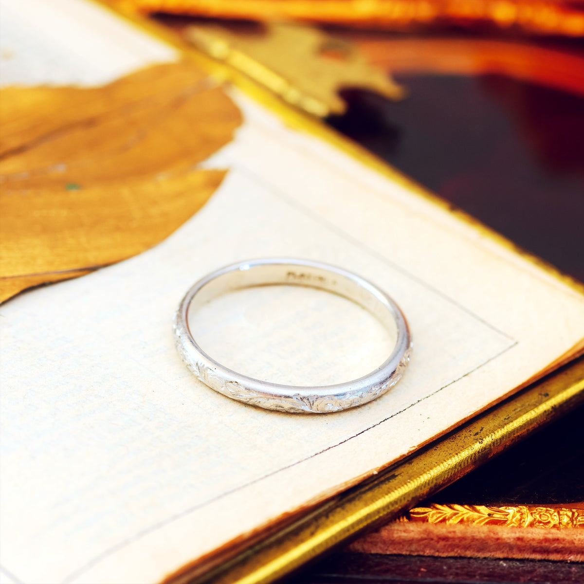Vintage Size M Hand Engraved Platinum Wedding Band