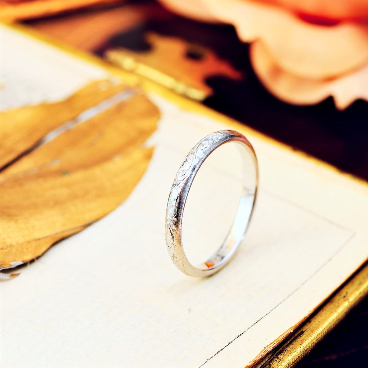 Vintage Size M Hand Engraved Platinum Wedding Band