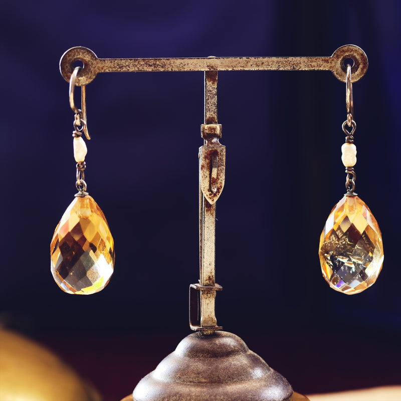Vintage Smoky Faceted Citrine Briolette Drop Earrings