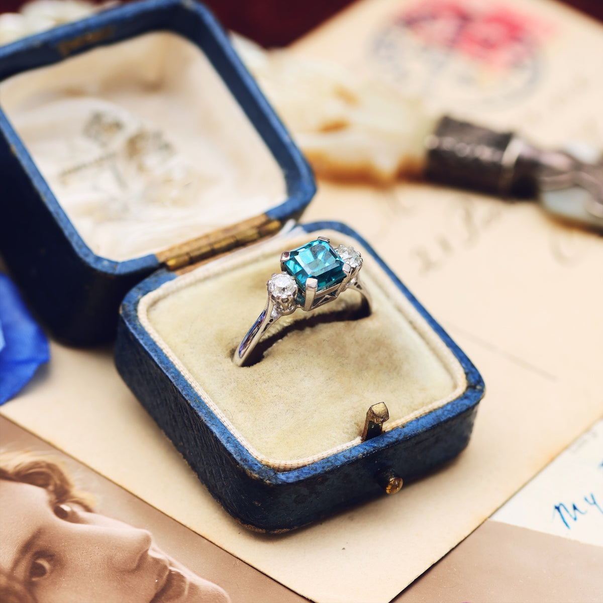 Vintage Starlight Blue Zircon & Diamond Trilogy Ring