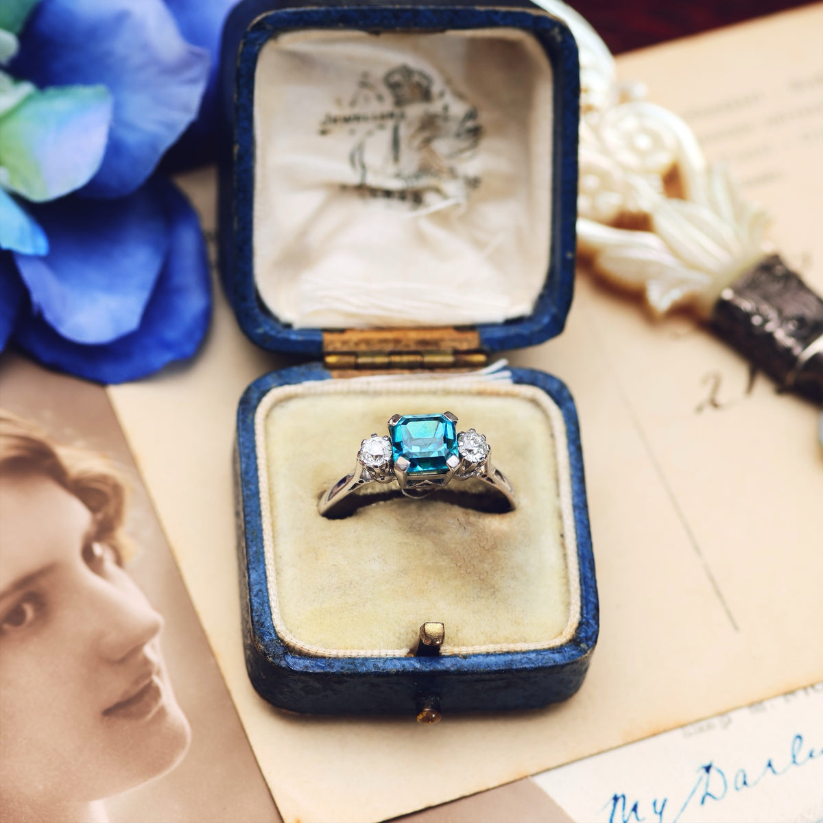 Vintage Starlight Blue Zircon & Diamond Trilogy Ring