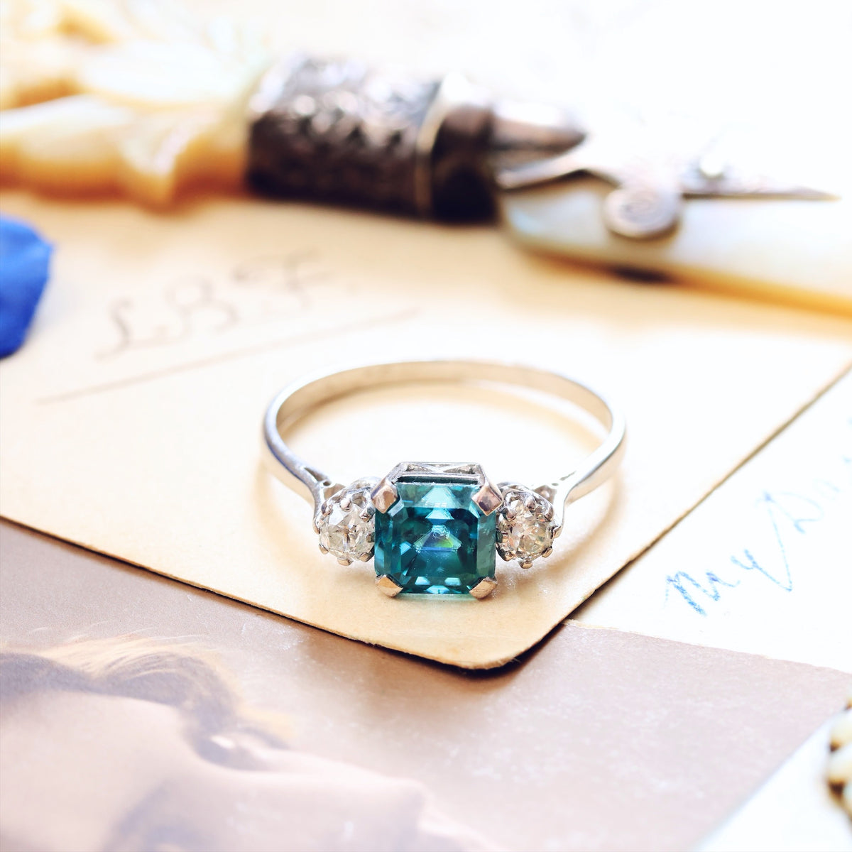 Vintage Starlight Blue Zircon & Diamond Trilogy Ring