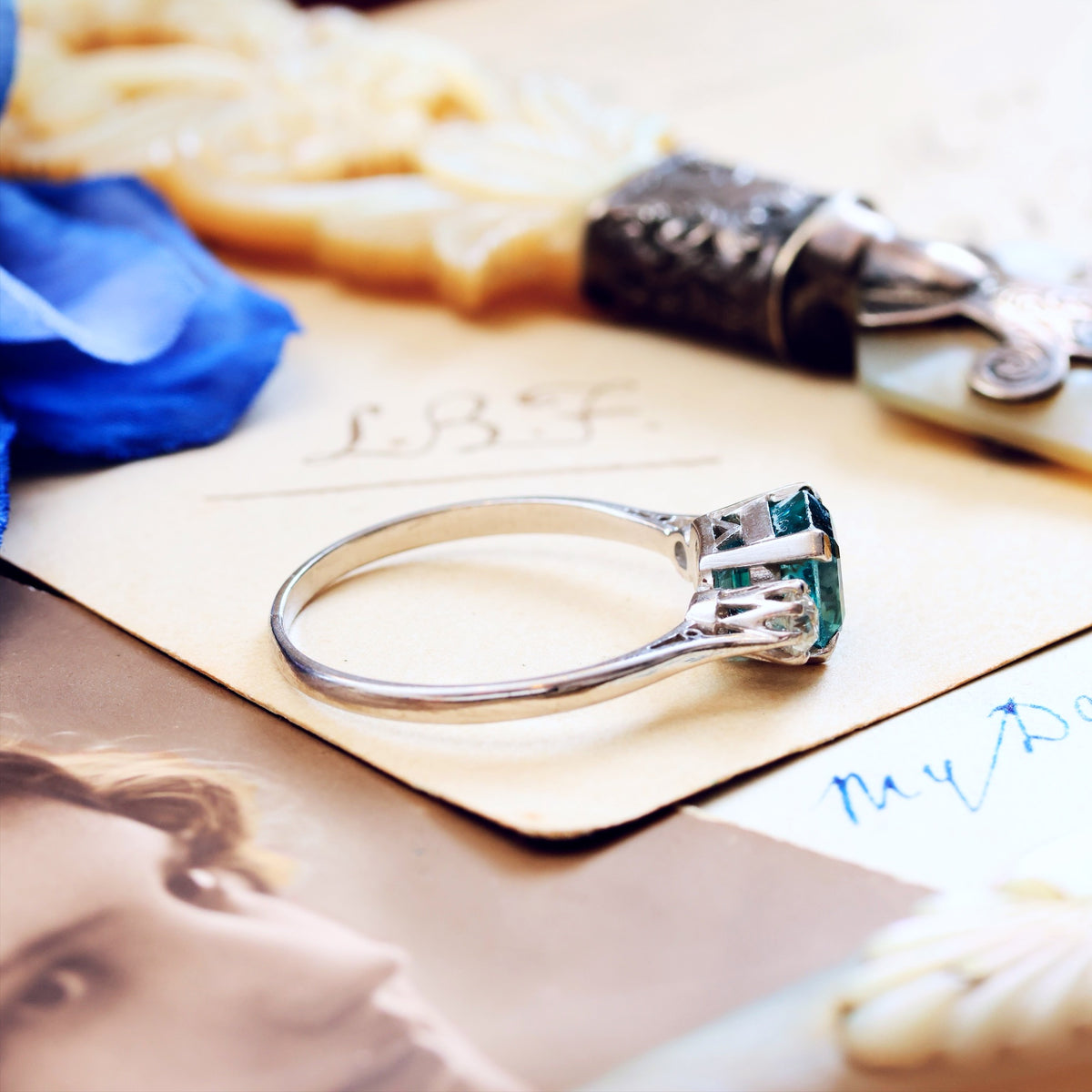 Vintage Starlight Blue Zircon & Diamond Trilogy Ring