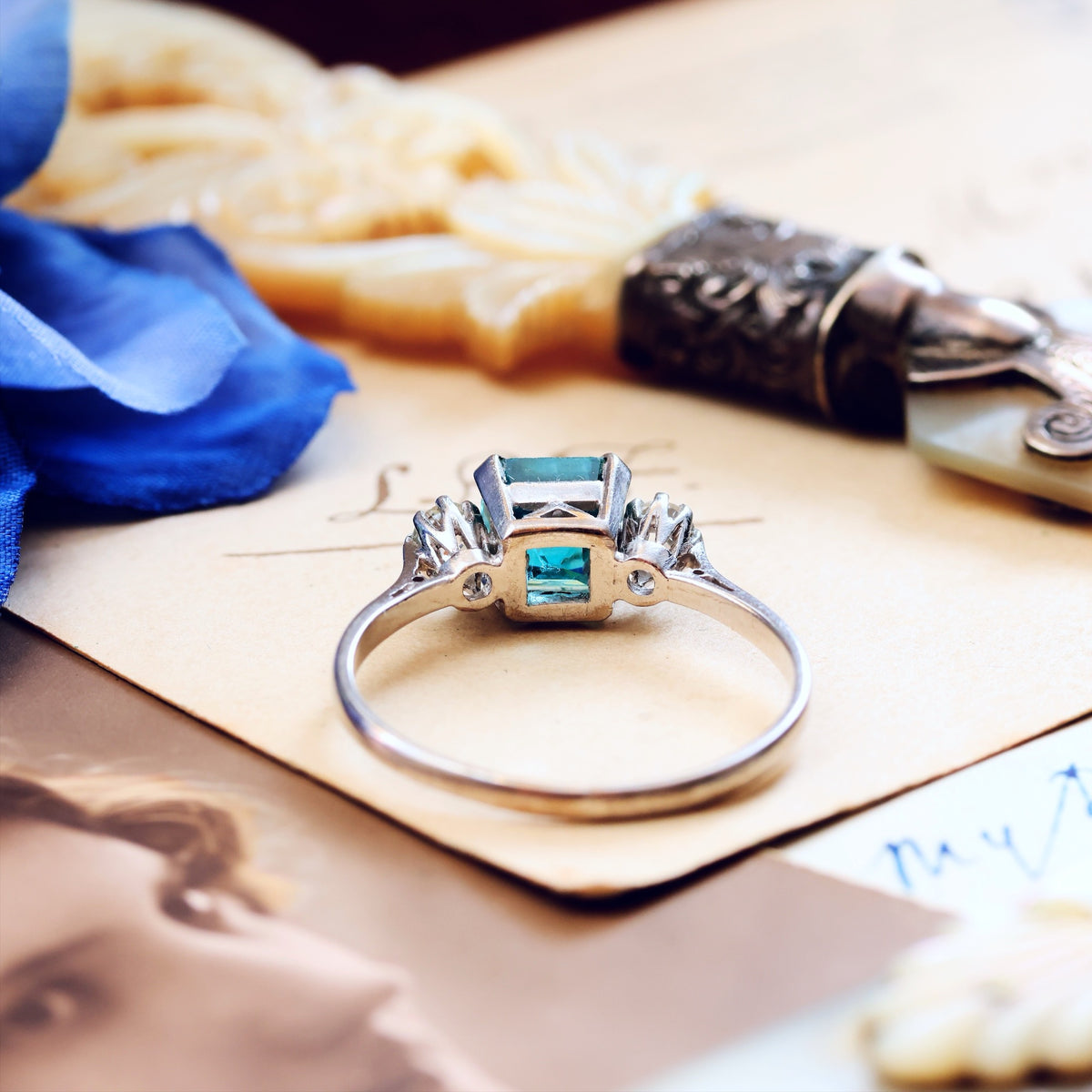 Vintage Starlight Blue Zircon & Diamond Trilogy Ring
