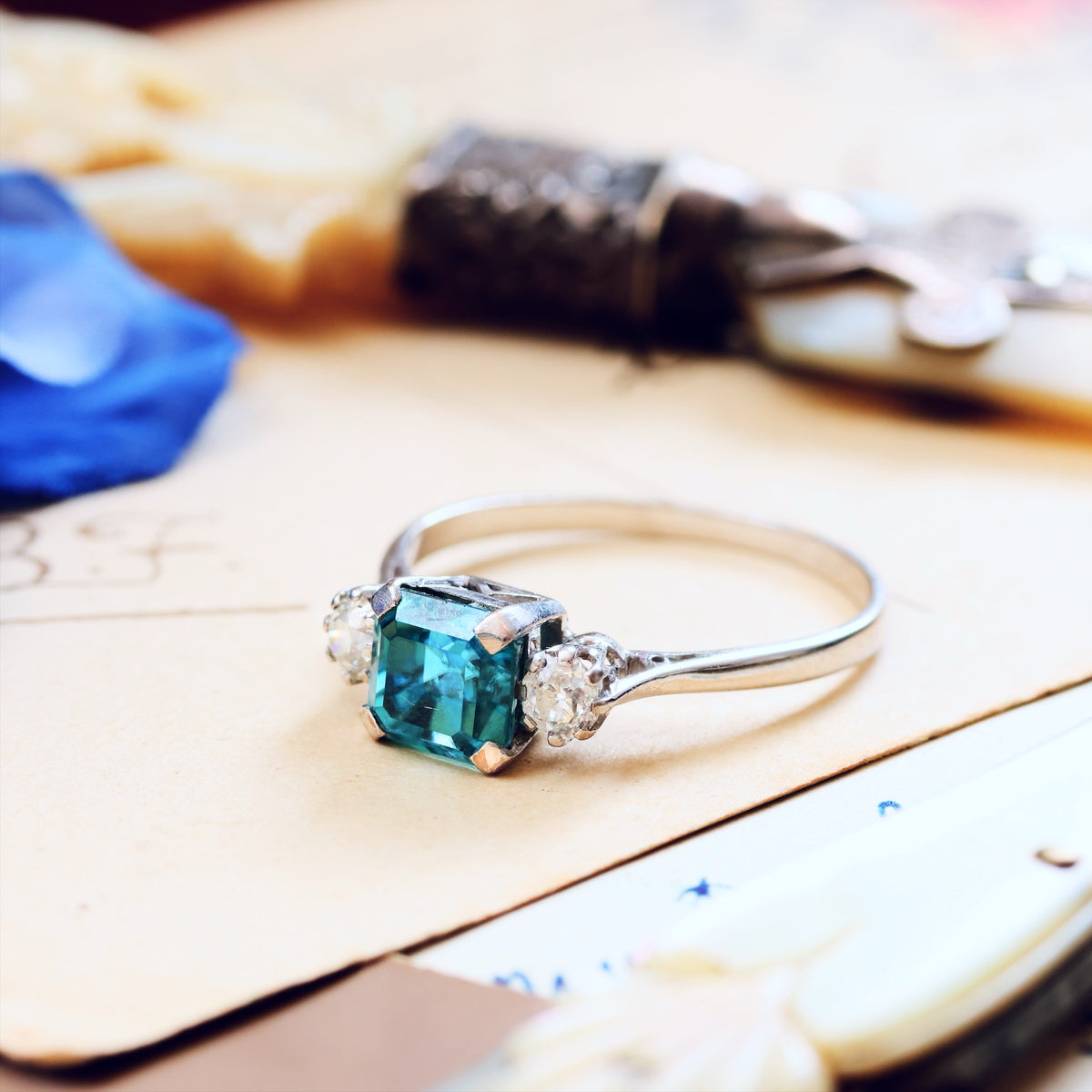 Vintage Starlight Blue Zircon & Diamond Trilogy Ring